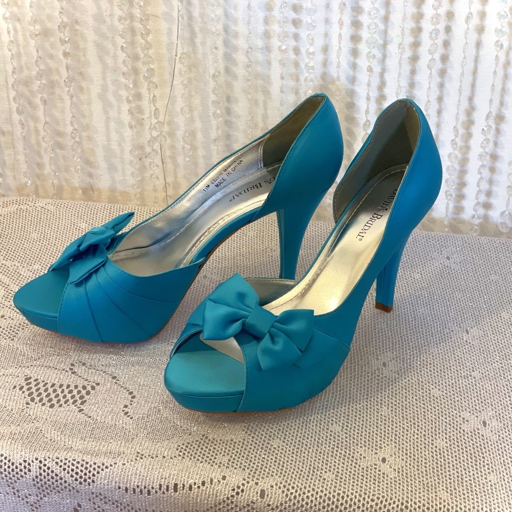 New David Bridal Michael Angelo Maribelle Open Toe Satin Bow Blue High Heel